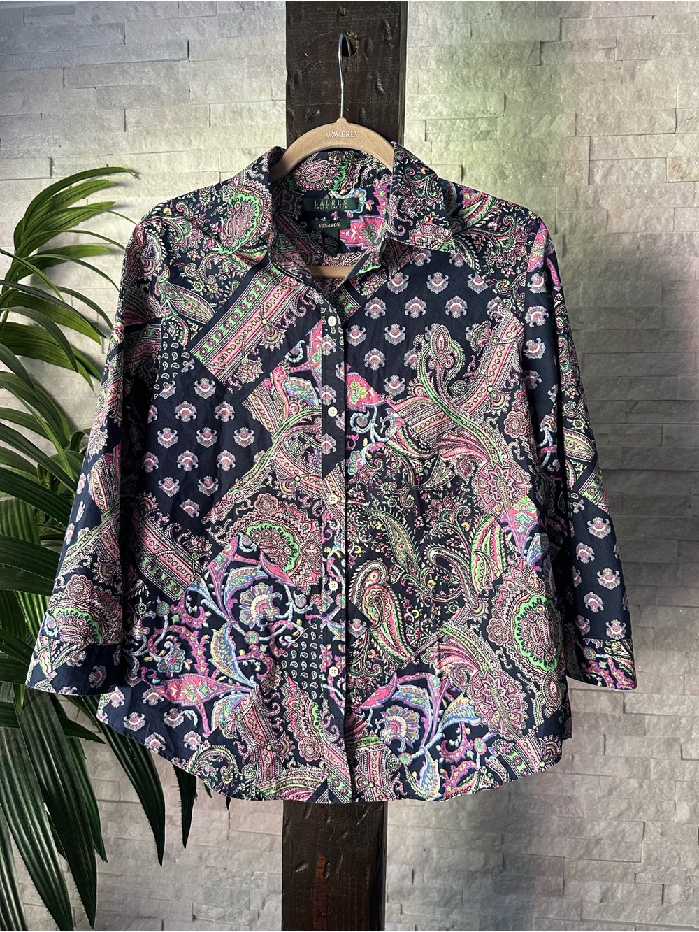 Ralph Lauren Paisley Button Down No Iron Cotton Shirt Navy Blue Pink Size L
